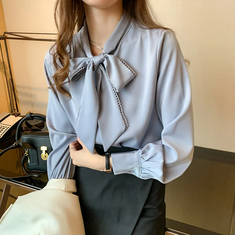 2022 Korean Loose Tops Spring Satin Fashion Chiffon Blouse Women White Office Lady Clothes with Bow Blue Long Sleeve Shirt 10691