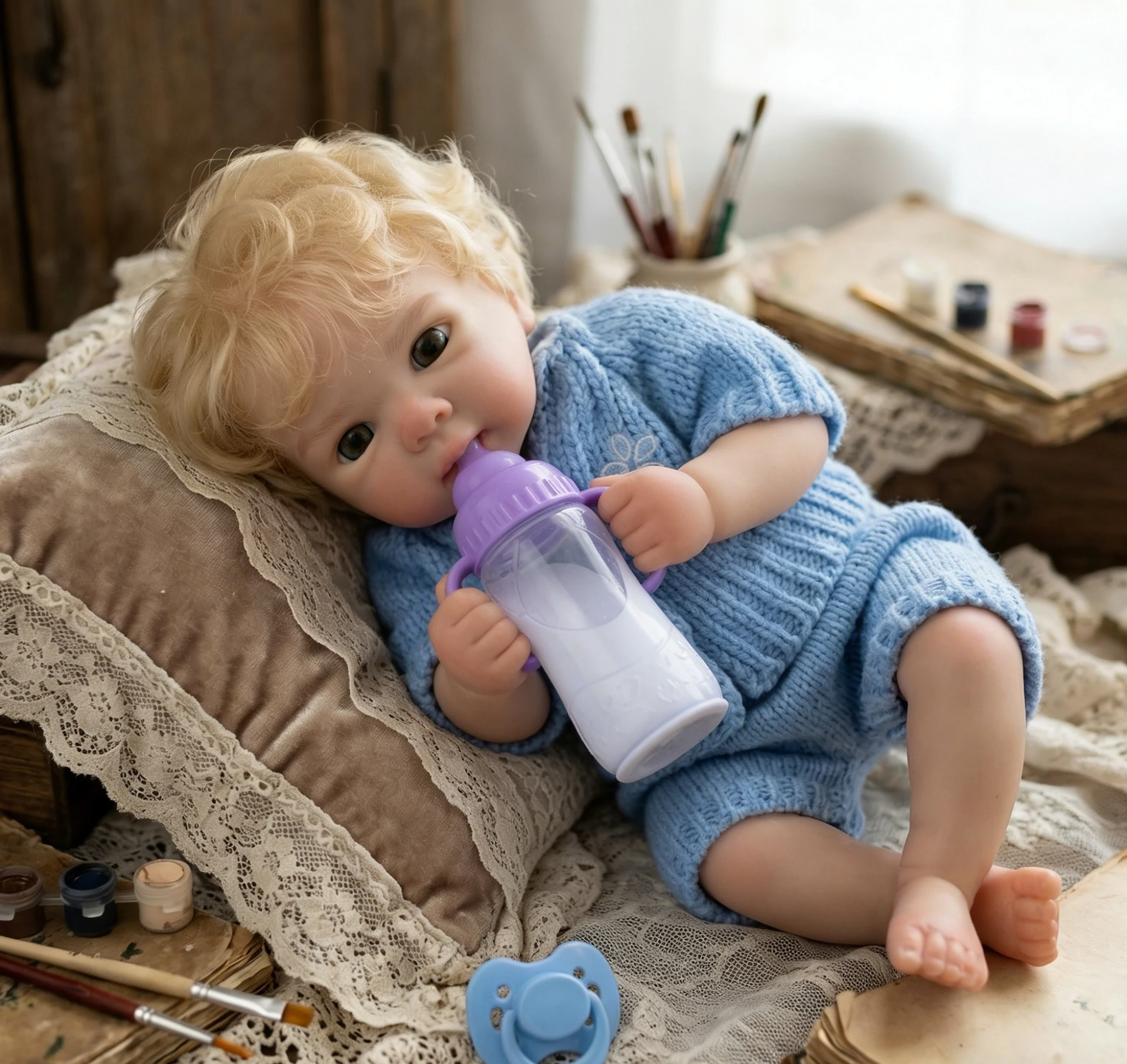 

13 Inch Full Body Silicone Reborn Doll Cute Blond Hair Unisex Newborn Bettie With Bule Colthes For Gift