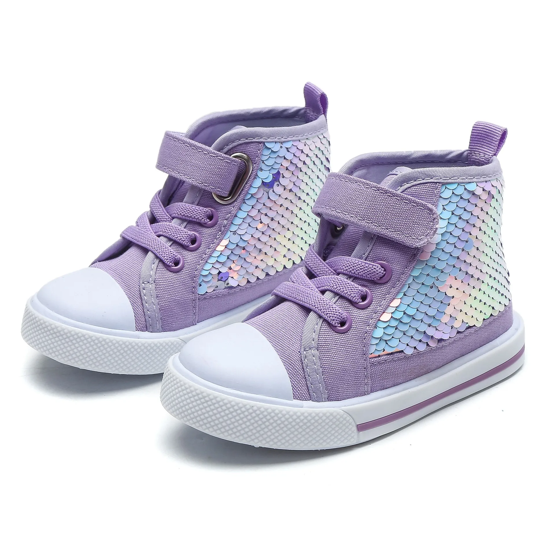 Children\'s Flat hook Loop High Help Canvas Shoes For Girls , Autumn Spring Kid\'s Sequin Fashion Student Sneakers H21