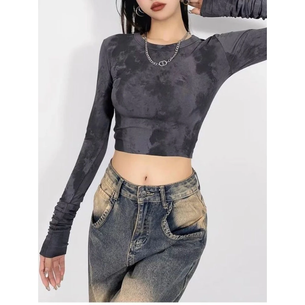 Jazz Street Dance Koop Tie Dye Slim Fit Long Sleeve Crop Top Women's Hot Girl Belly Show Short T-Shirt Base Layer Shirt