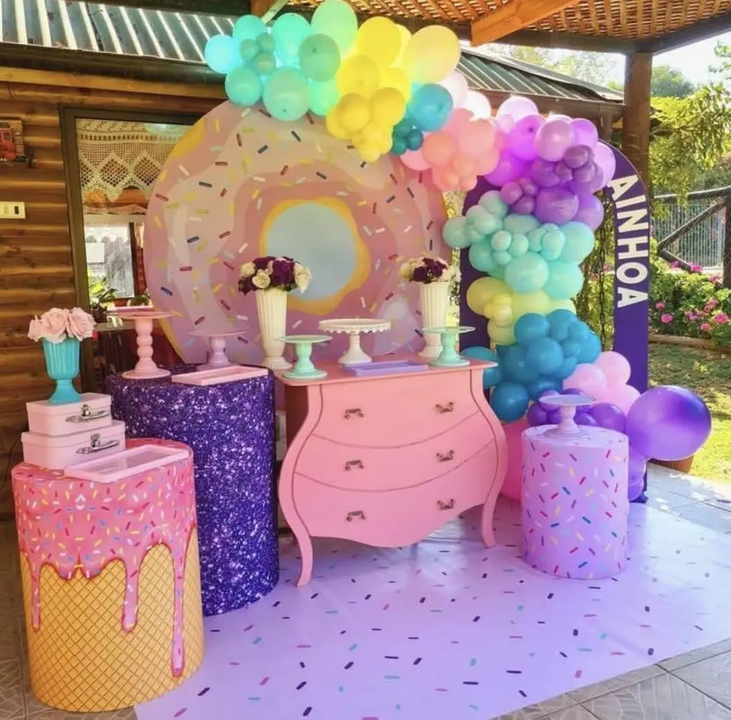 Purple Pedestal Cylinder Plinth Covers for Donuts Candy Parties Decoration Elastic Fabric Baby Shower Birthday Party Tablecloth