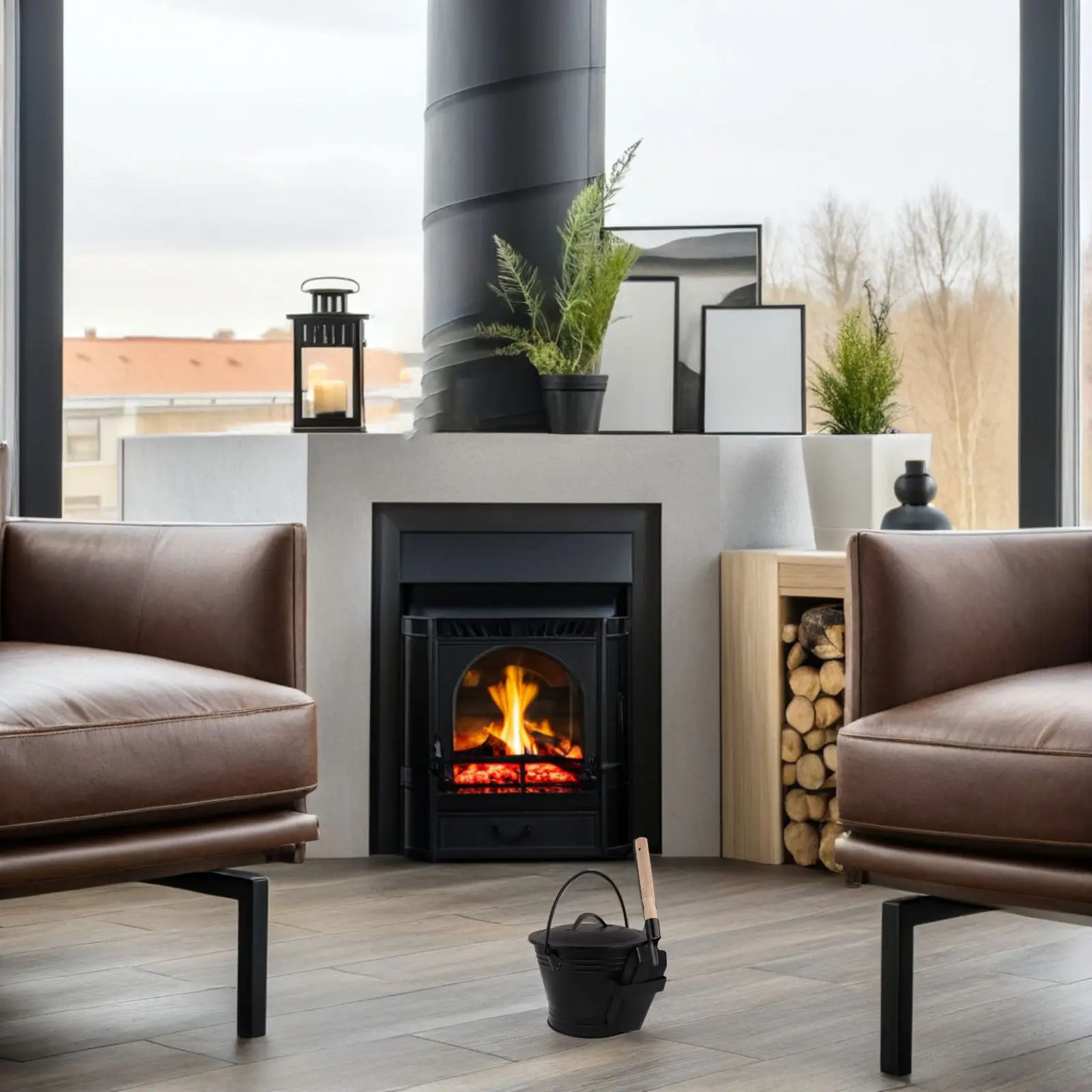 

Набор: Чёрное металлическое термостойкое ведро для золы с крышкой, совок для угля, инструменты для чистки камина