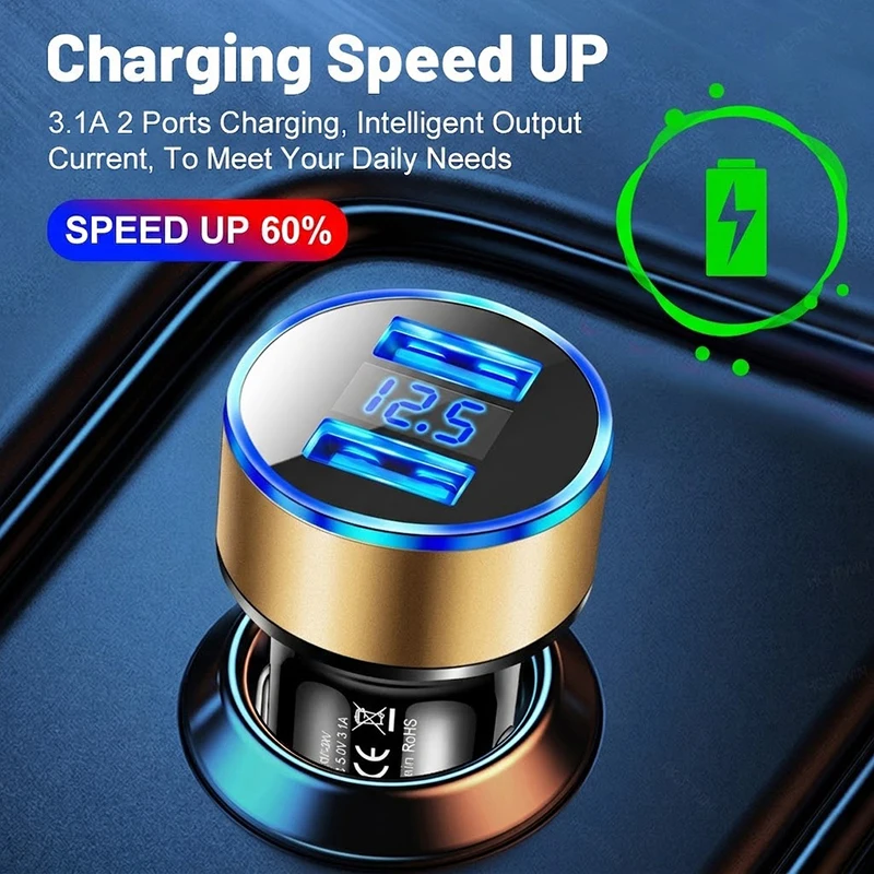 Dual USB Car Charger Adapter 3.1A Output LED Screen ABS Smart Multi Protection For Mobile Phone GPS For iPhone 17 16 For Samsung