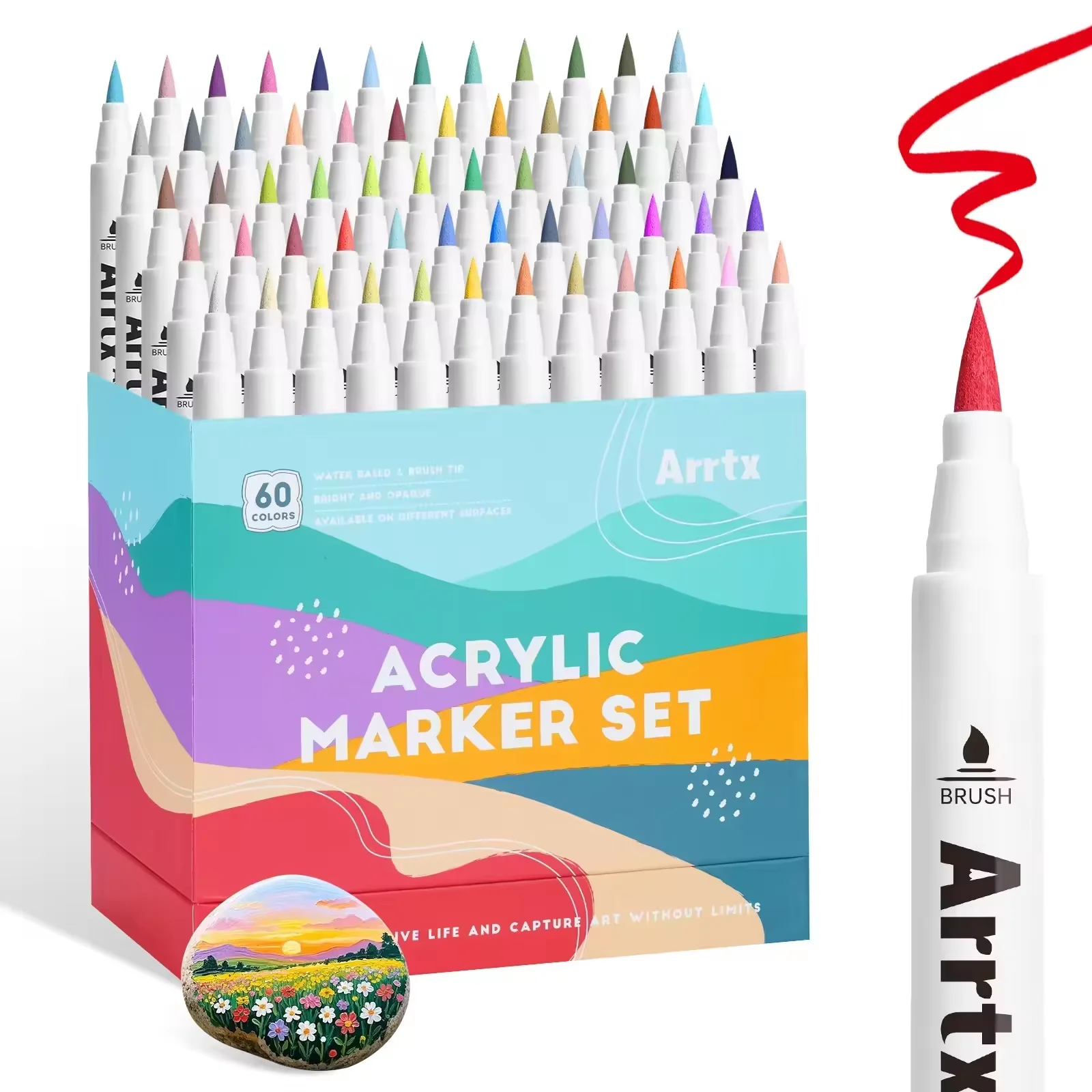 Arrtx Markers Verfpennen, Acrylverfpennen met penseelpunt, voor Cartoon Anime Comic, Rock Painting, Hout, Canvas, DIY Crafts Making