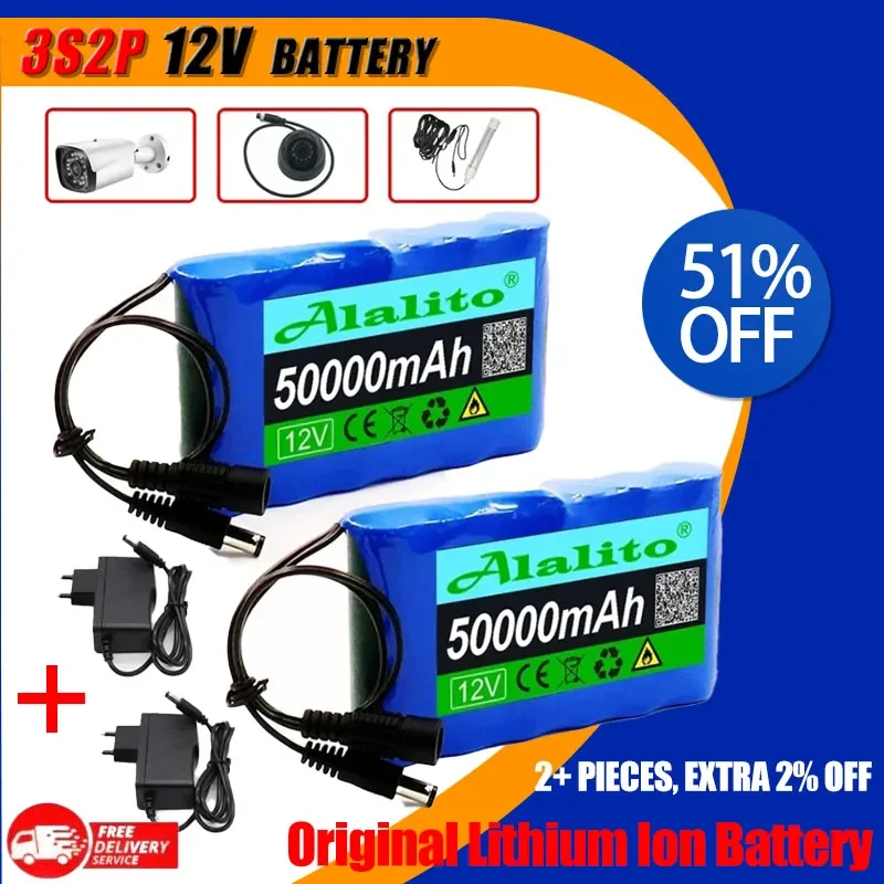 18650 3S2P 12V 50000mah Original Lithium Ion Battery DC 12.6V 14Ah Rechargeable CCTV, Camera Monitor Replacement Battery + Charg