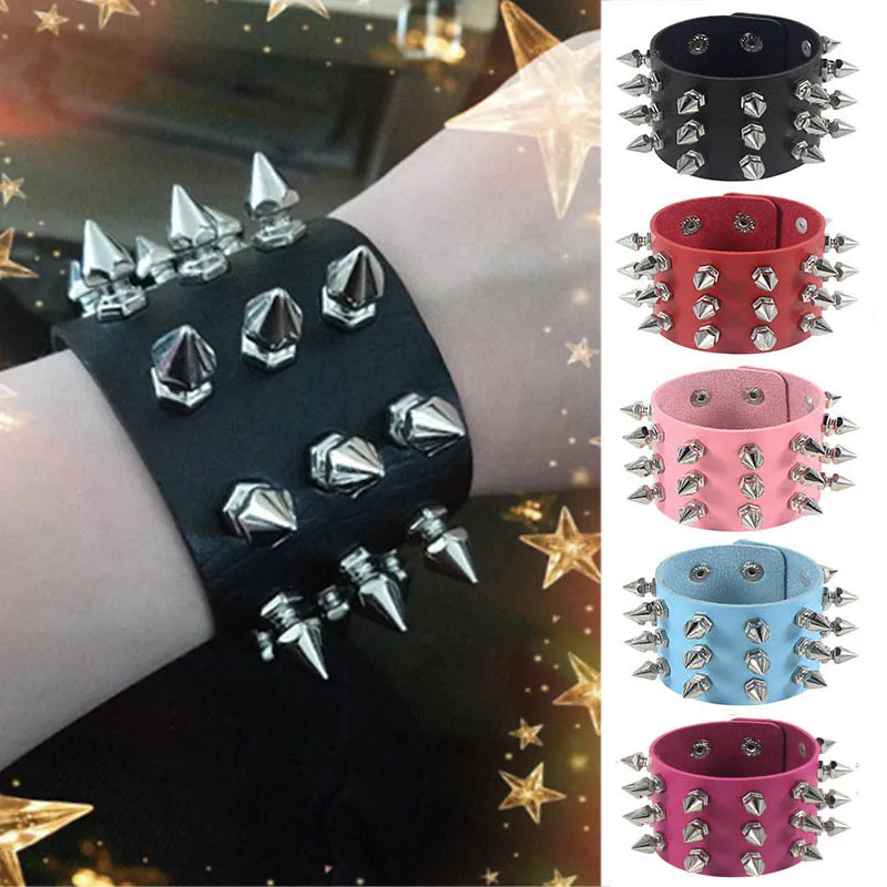 PU Leather Unisex Wide Cuff Bracelet, 3 Row, Spikes Cuspidal, Rivet Stud, Punk, Gothic, Rock, Men Jewelry