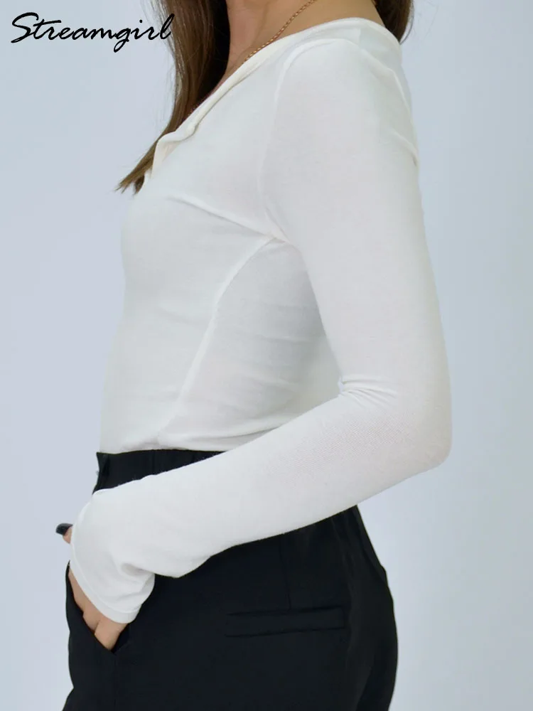 White Long Sleeve Tops For Women Winter Spring Basic V Neck Top Tees Slim Gray Tshirt Modal Basic Blouses For Women T Shirts