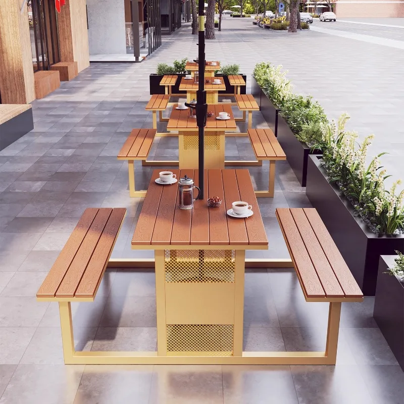 

Outdoor tables and chairs with umbrella set, courtyard garden, open-air milk tea shop, coffee shop, casual one-piece table and c