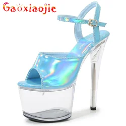 Summer Stripper Heels Women Sexy Sandals 17 CM High Heels Platform Radium Light Blue Color Sandals Girls Party Club Clear Heels