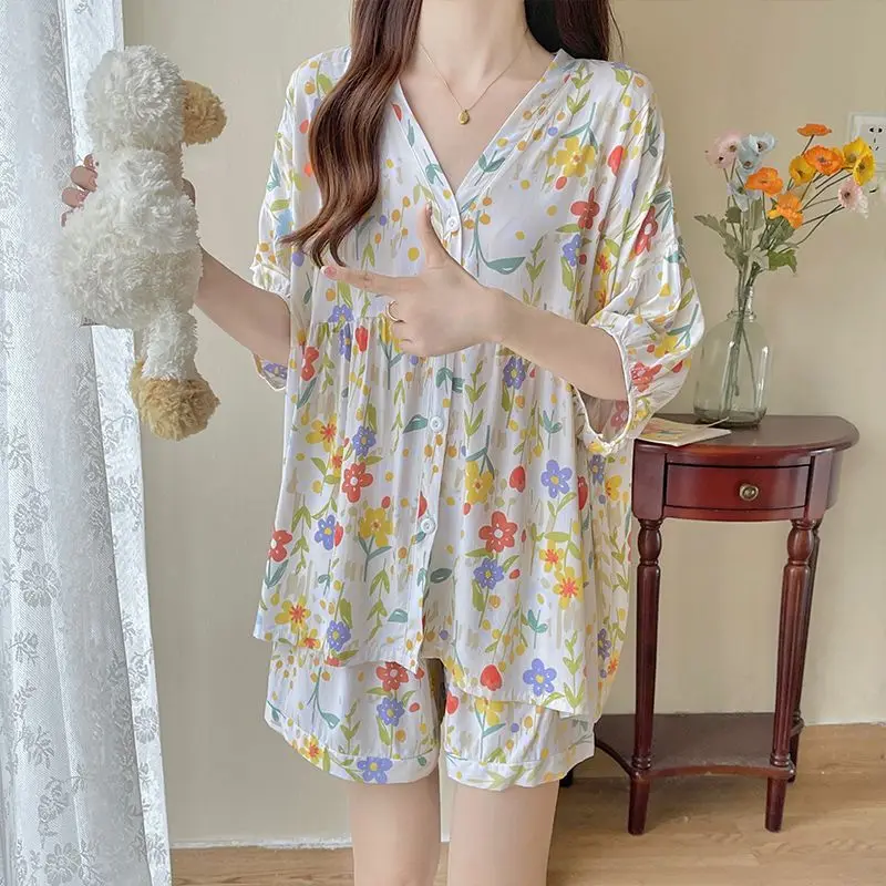 Maternity Loose Floral Printed Pajama Set Summer Pregnancy Women Night Wear Pajama Set Short Sleeve V-neck Sleepwear Nightwear