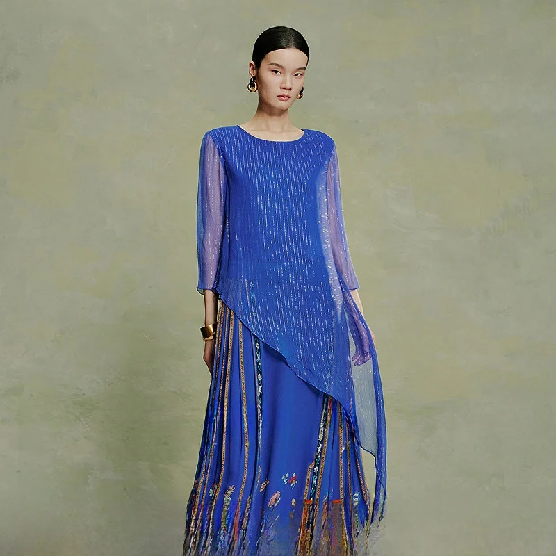 

Elegant Multi-Color Silk Shirt Women's New Spring Summer Top Breathable Skin-Friendly round Neck Asymmetric Loose Fit