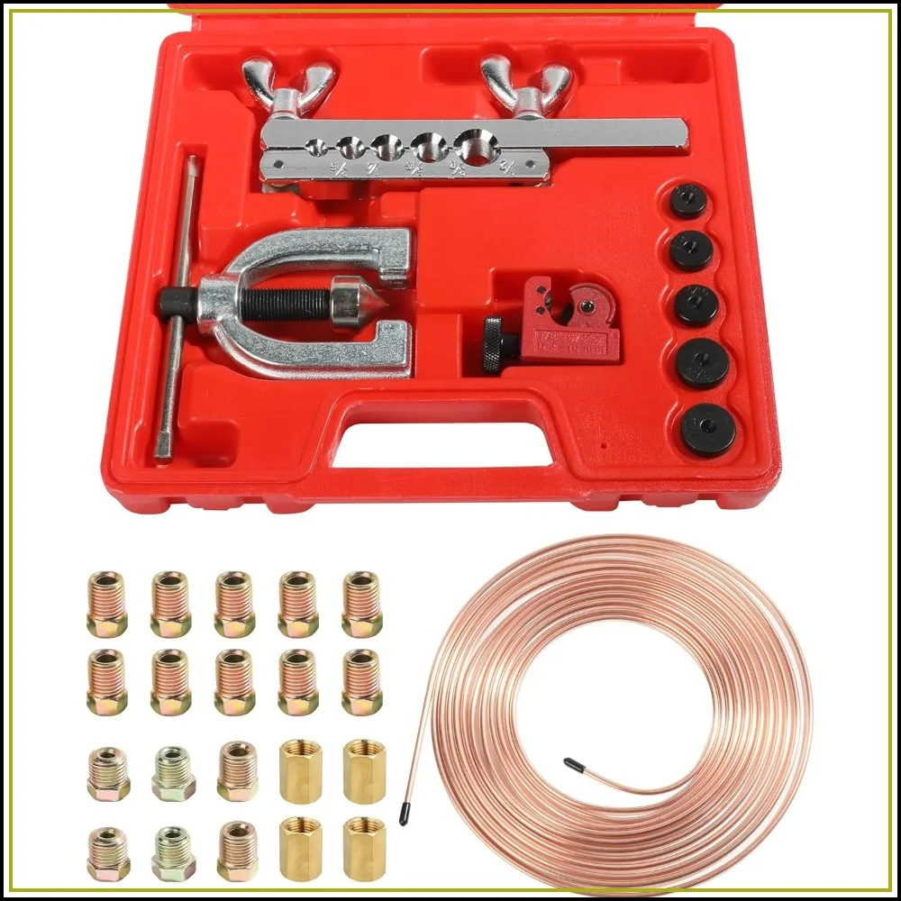 25 ft 3/16 Copper Coated Brake Line Kit with 16 Fittings and 4 Unions, Double & Single Flaring Tool, for Hydraulic Braking and Fuel Systems