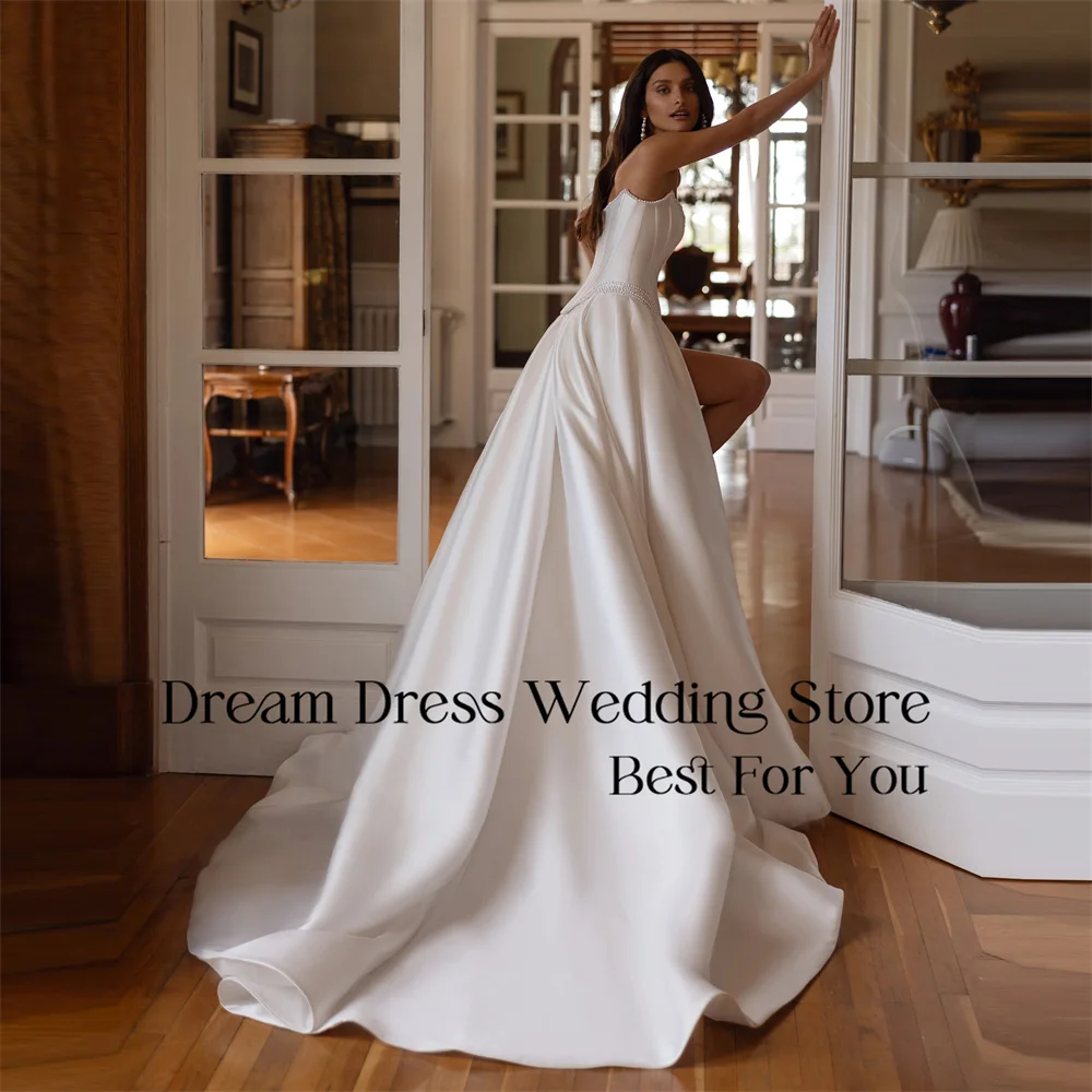 DREAM Satin A-Line Long Wedding Dress Boat-Neck Pearls Beading Pleat High Slit Open Back Bridal Gown Vestido De Noiva Customized