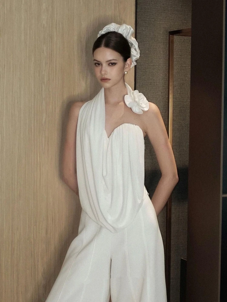 Summer Sexy Halter Neck Flower Draped Top Women White Sleeveless Backless Folds Top Elegant Evening Party Cocktail Clubwear