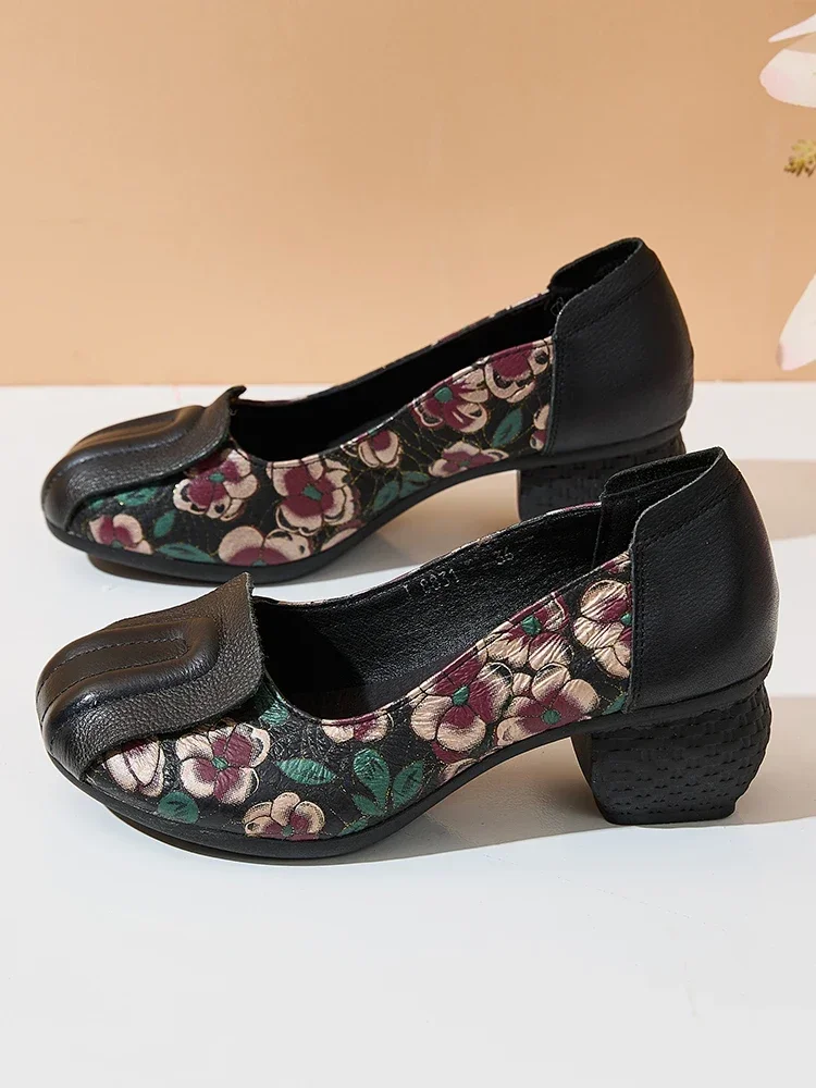 

Birkuir Retro Flowers Thick Heel Loafers Women Pumps Slip On Shoes 2025 Spring Genuine Leather Luxury 5cm High Heels Shoes