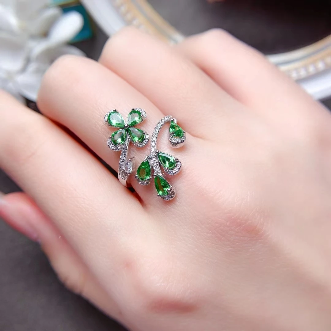 Fashion Gemstone Silver Leaf Ring 7 Pieces 3mm*5mm Natural Tsavorite Ring 925 Silver Tsavorite Jewelry