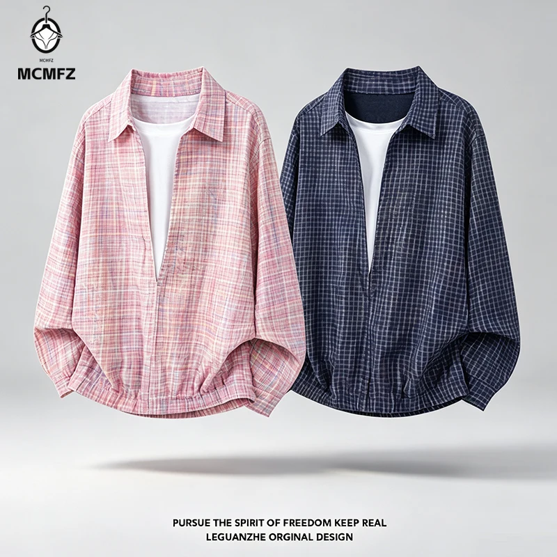 Male Check Crinkled Fabric Shirt Turn Collar Long Sleeve Relaxed Oversized Fit Breathable Casual Outerwear