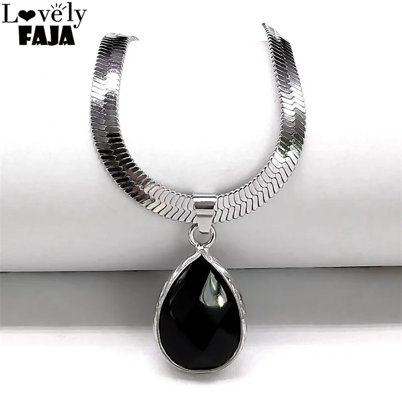 Gothic Water Drop Black Obsidian Necklace Women Stainless Steel Clavicle Snake Chain Choker Natural Stone Necklaces Kpop Jewelry