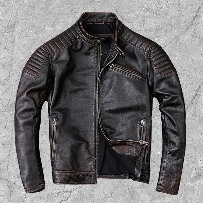 Spring Autumn Motorcycle Genuine Leather Jacket Men's Real Cowhide Coat Vintage Brown Slim Fit Clothes Chaqueta De Los Hombres