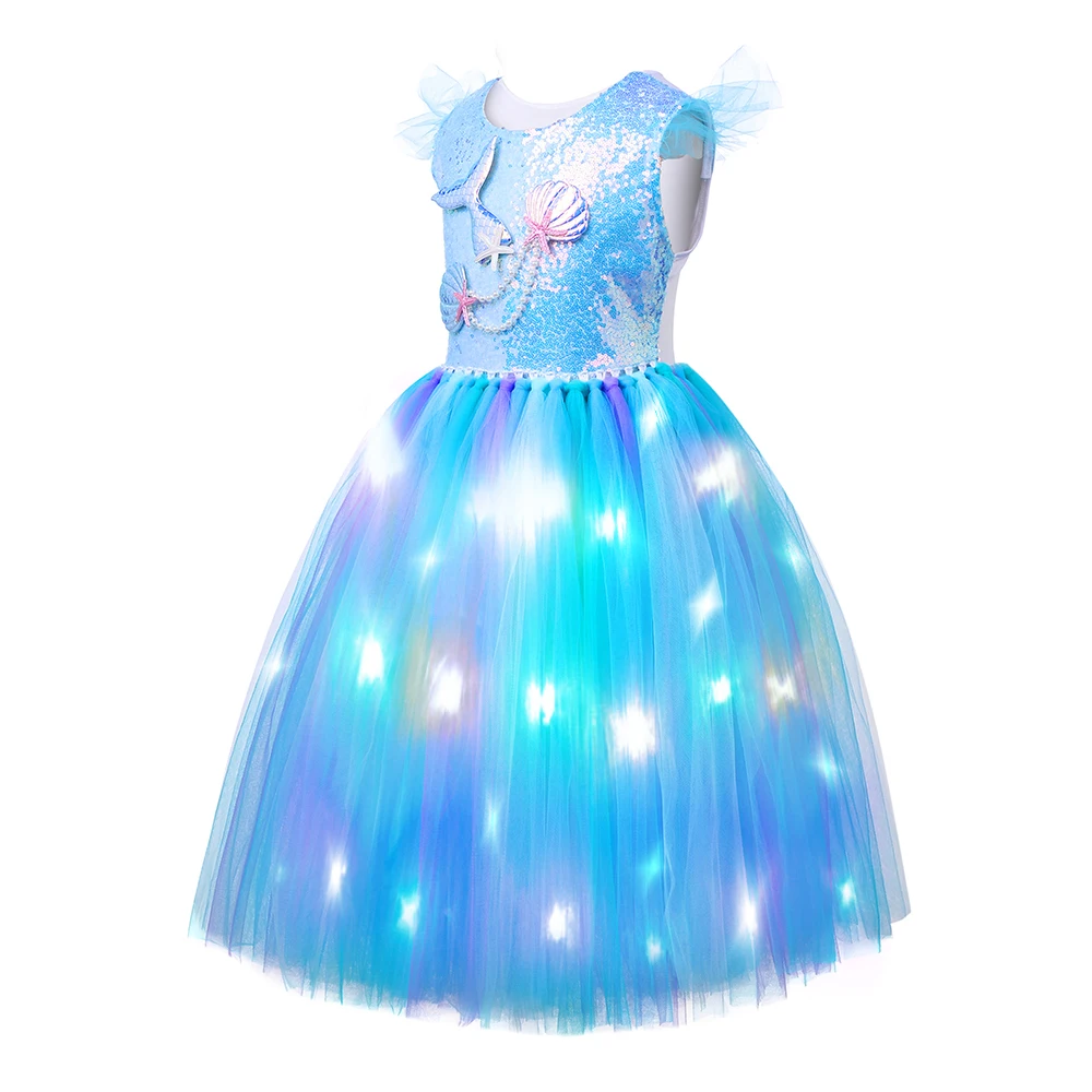 Wholesale Led Mermaid Custom Princess Elsa Tutu Dress Set Kids Glitter Clothes Gifts Shinny Ballet School Party Girl Dress