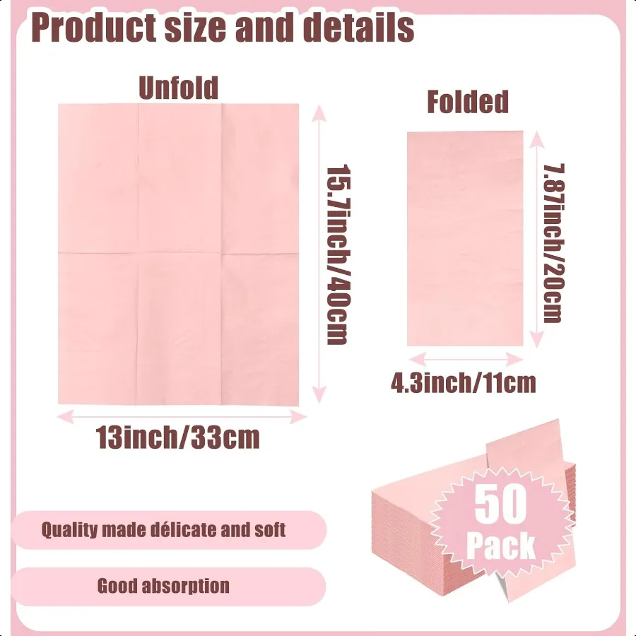 50 piezas de servilletas de papel de color rosa claro de 3 capas, toallas para invitados de 13x15,7 pulgadas, toallas de mano de papel para baño, cocina, boda