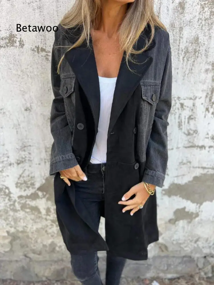 Picture 5: Loose Fit Patchwork Mid Long Coat For Women Notched Lapel Long Sleeve Outerwear For Autumn Winter Daily And Travel Wear