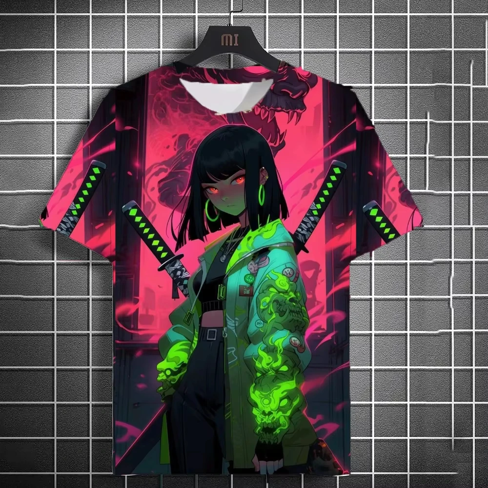 

New Japanese Style 3D Female Samurai Print Animated T-shirt Street Style Men's T-shirt Soft Breathable Men's Casual Wear