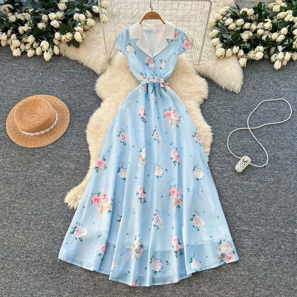 

Women Dress Long Dresses A Line Vestidos Y2k Streetwear V Neck Short Sleeve Tight Waist Slim Fit Elegant Party Night Floral