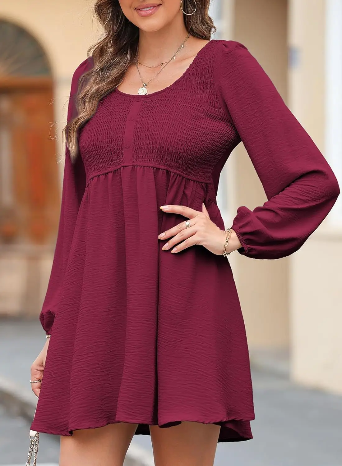 American European Women’s O-neck Puff Sleeve Above Knee Length Casual Elegant Trendy High Waist Dress New Fashion Female Clothes