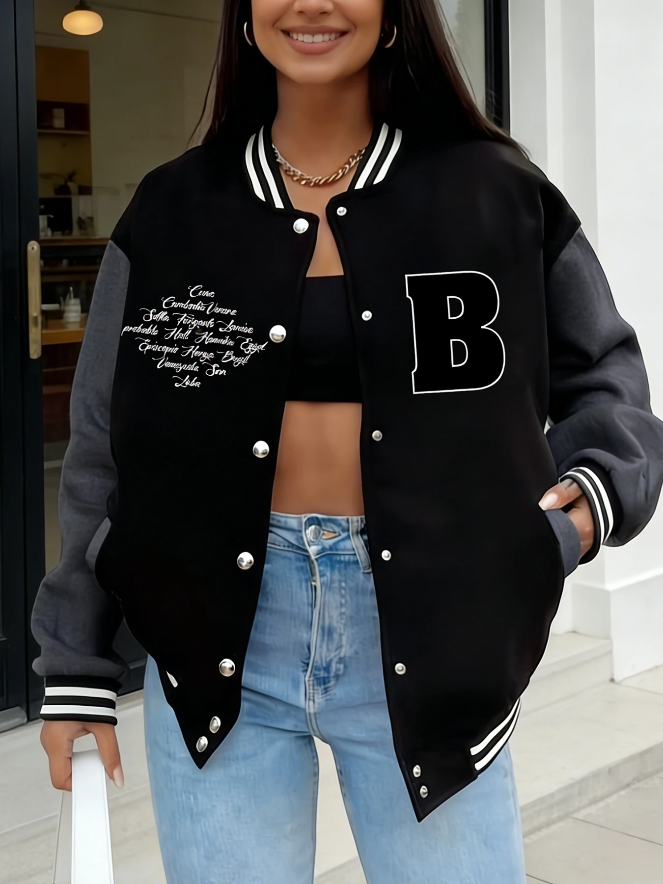 

Women's Oversized Baseball Jacket "B" & Text Print Casual Varsity Coat Streetwear Outerwear Trendy Jacket Freece Warm Clothing