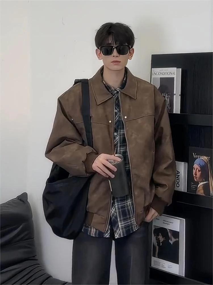 

Brown Biker Jaet ort Sle Men's Vintage American Workwear irt Youth Trend Polyester Nylon Cosite Fiber Windproof