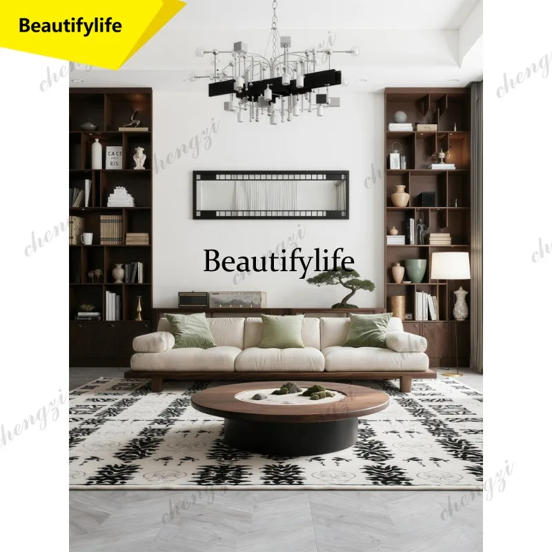 M02 Sofa aus schwarzem Walnussholz, gerade Reihe, neu, Massivholz, mittelalterlicher Stil, Wohnzimmer, für drei Personen
