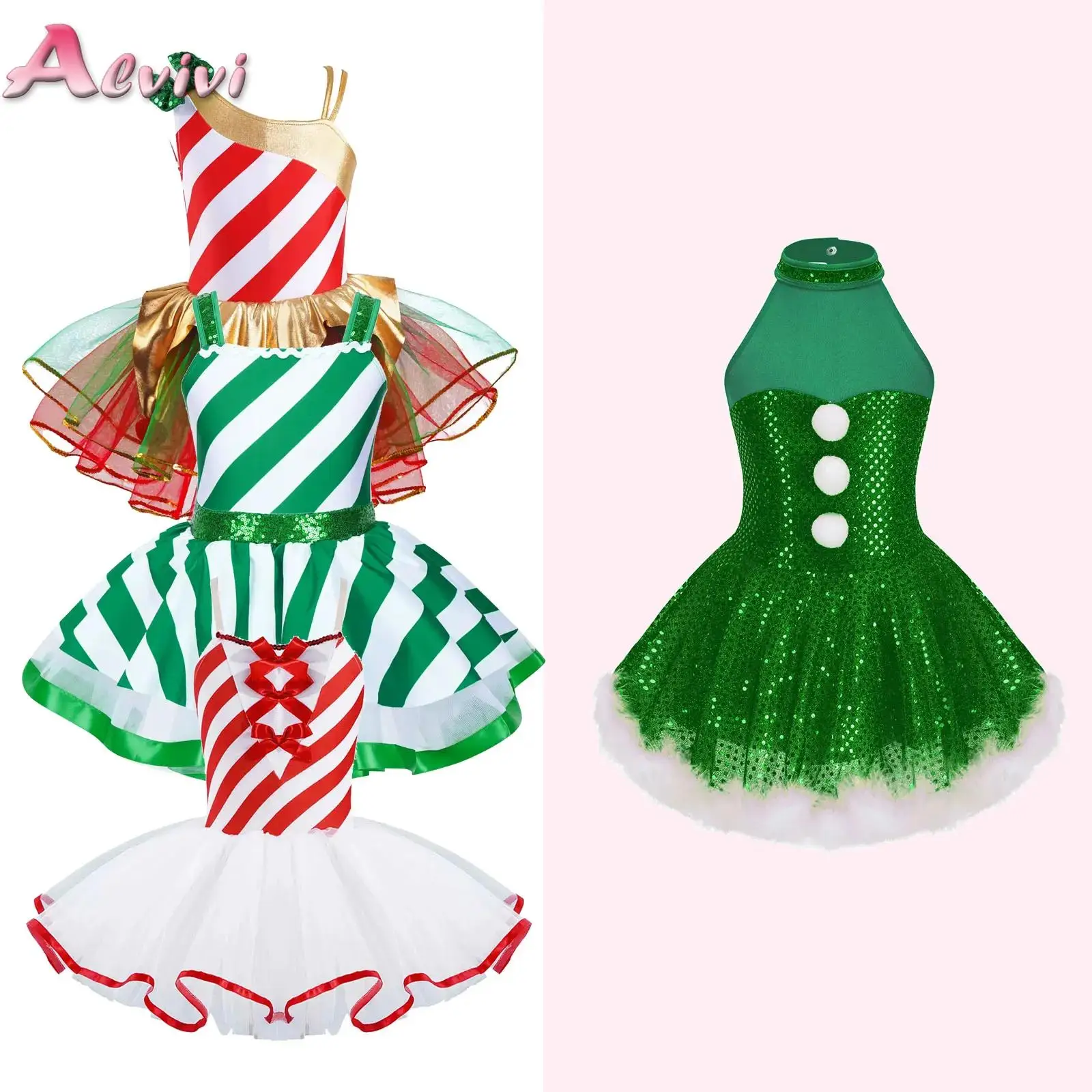 

Kids Girls Christmas Elf Costume Sleeveless Shiny Sequins Striped Figure Ice Skating Roller Skating Twirling Dance Leotard Dress