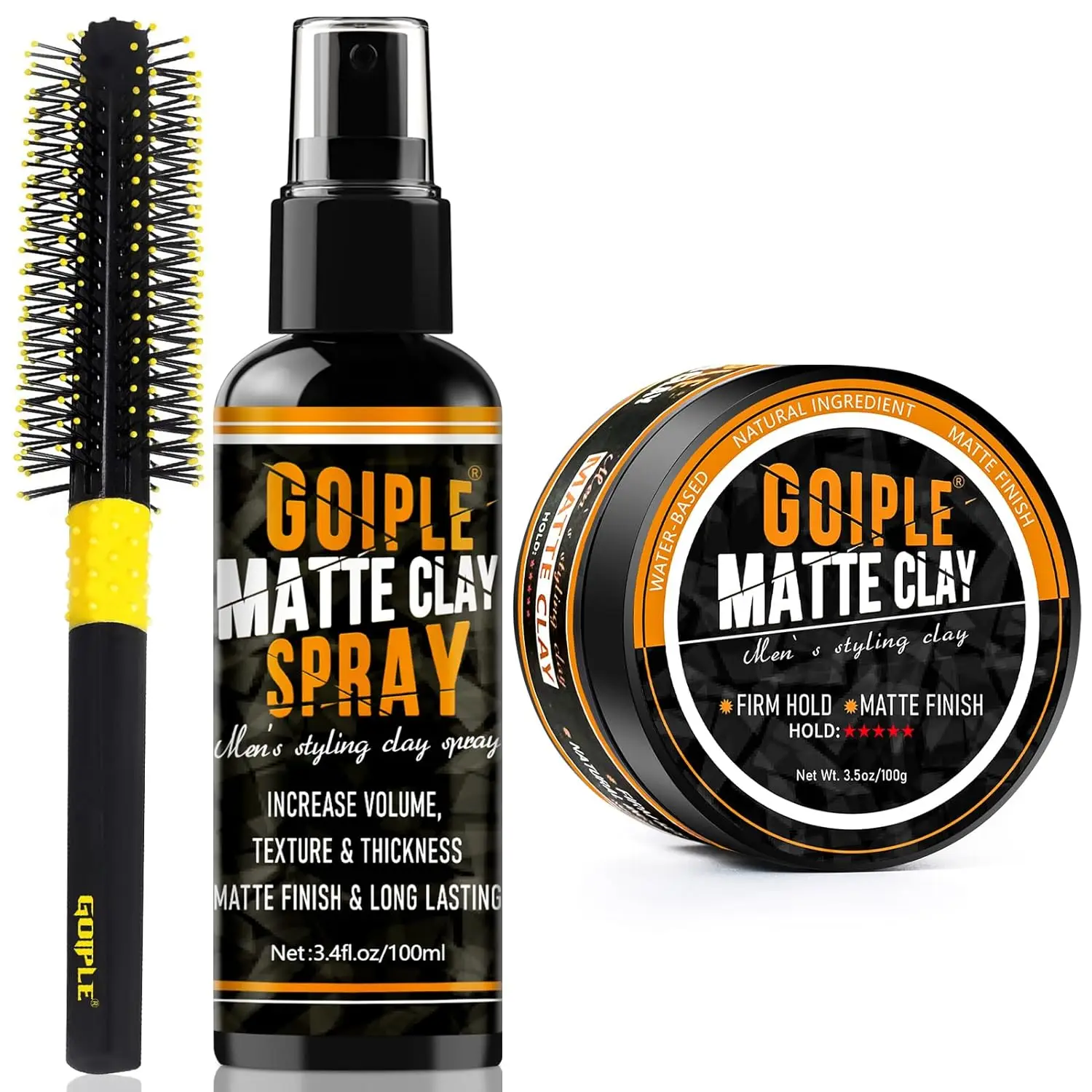 GOIPLE Men Hair Styling Set, Matte Clay and Clay Spray with Round Brush, Firm Hold Matte Finish for Thin Hair