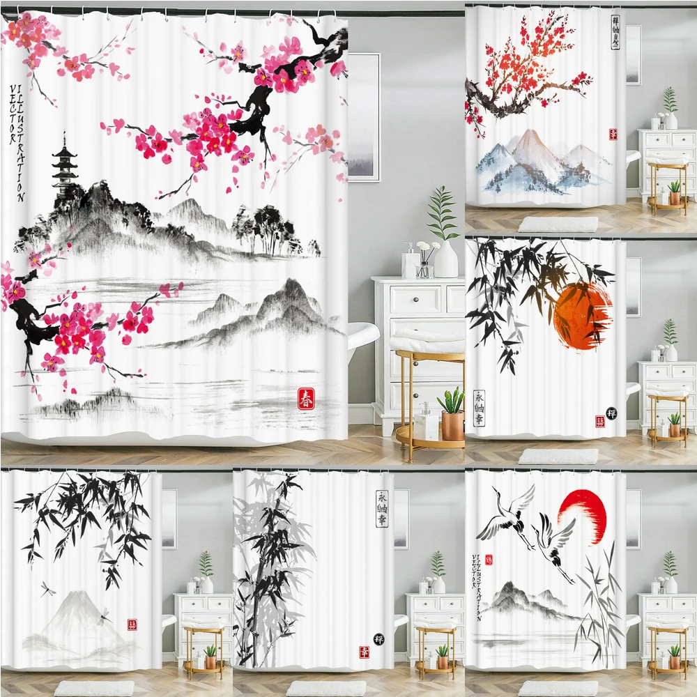 Japanese-style Flowers Plum Blossom Shower Curtains Bathroom Curtain Frabic Waterproof Polyester Bath Curtain with Hooks