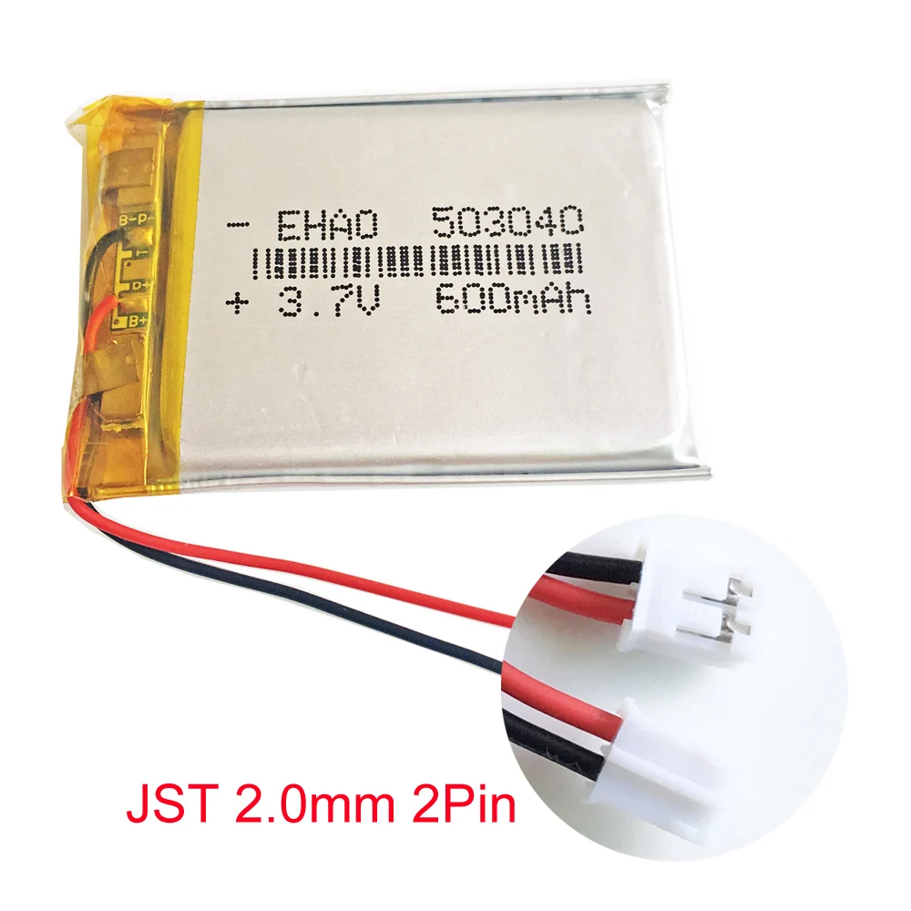 3.7V 600mAh litowo-polimerowa Lipo akumulator 503040 dla JST PH 2.0mm 2pin wtyczka do kamery GPS elektronika Bluetooth