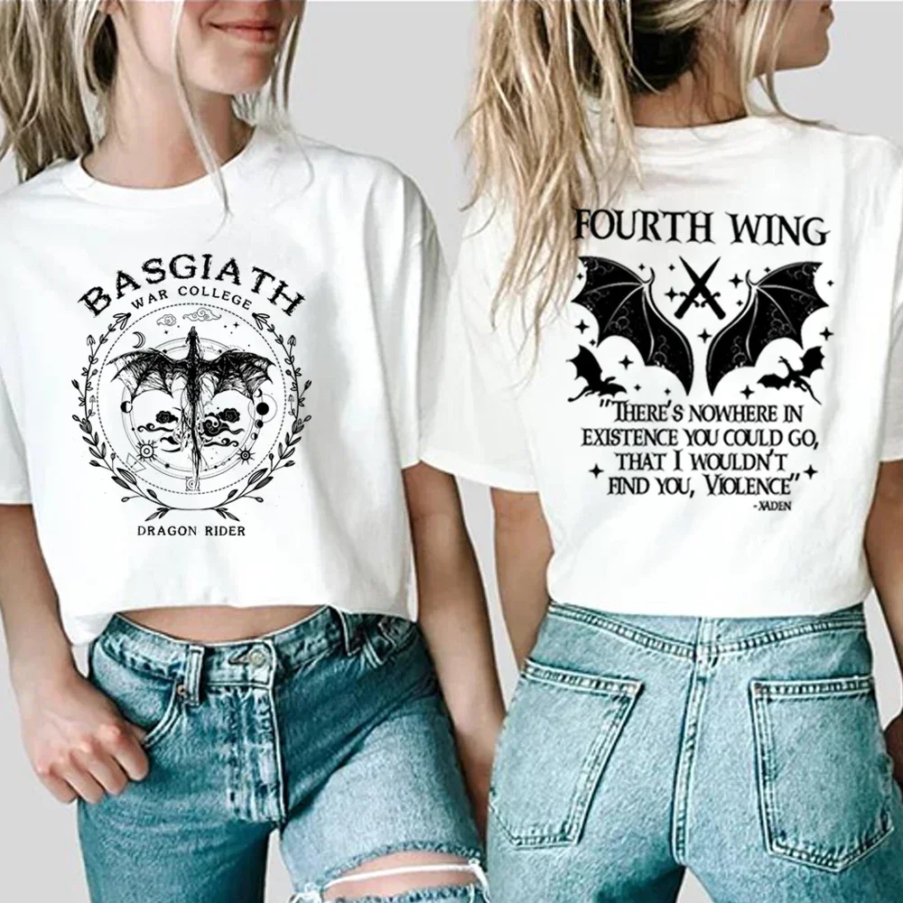 Basgiath War College Double Sided Print T-Shirt Fourth Wing Shirt Dragon Rider Tee Sorrengail Xaden Riorson Fantasy Bookish Tops