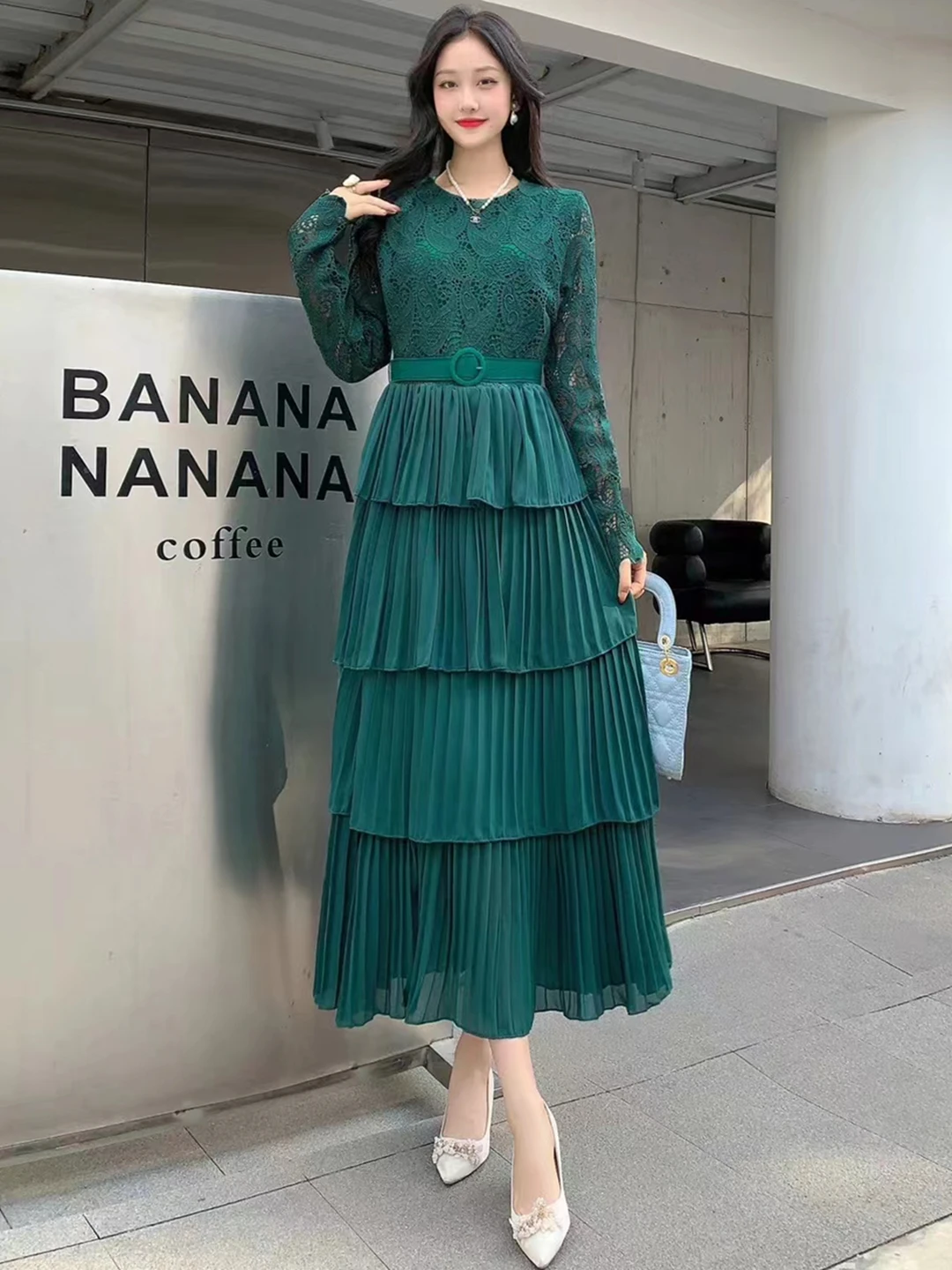 2024 New Spring Autumn Women Long Sleeve Belt Slim Long Dress High Quality Lace Patchwork Pleated Cake Hem Sweet Party Dress