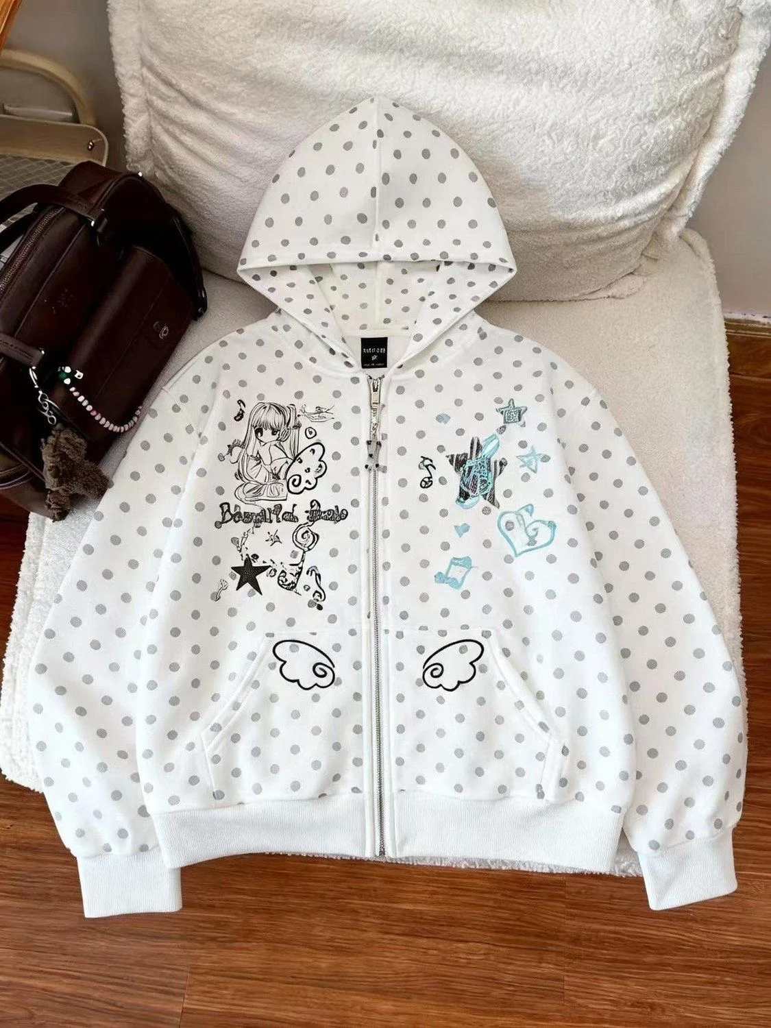 Harajuku Sweet Women Zip Up Hoodie Polka Dots Anime Girl Musical Note Print Angel Wing Pocket Loose Y2K Kawaii Casual Sweat Jack
