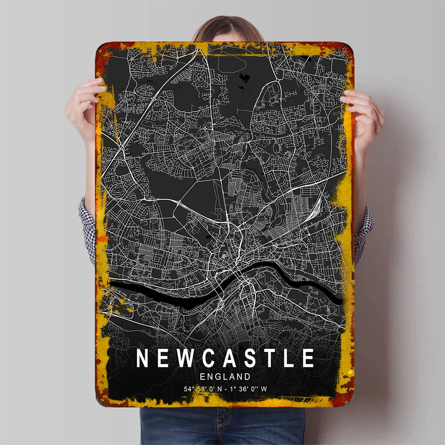 Newcastle England City Map Metal Wall Art Modern Home Decor Minimalist Black White Urban Poster