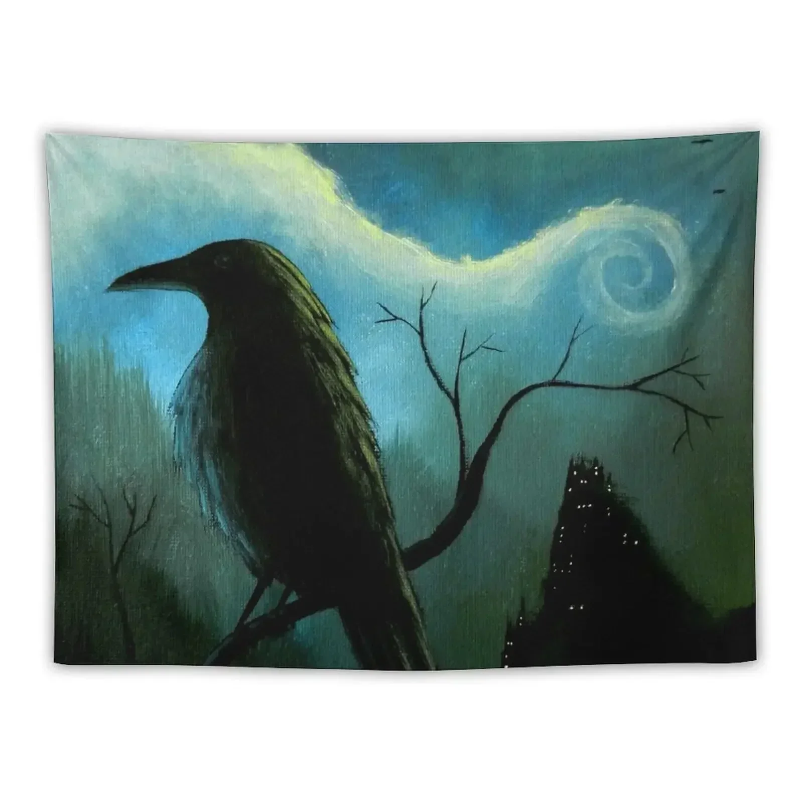 Mountain City Under the Moon - Crows/Ravens Tapestry Aesthetic Room Decoration Wall Hanging Decor Tapestry