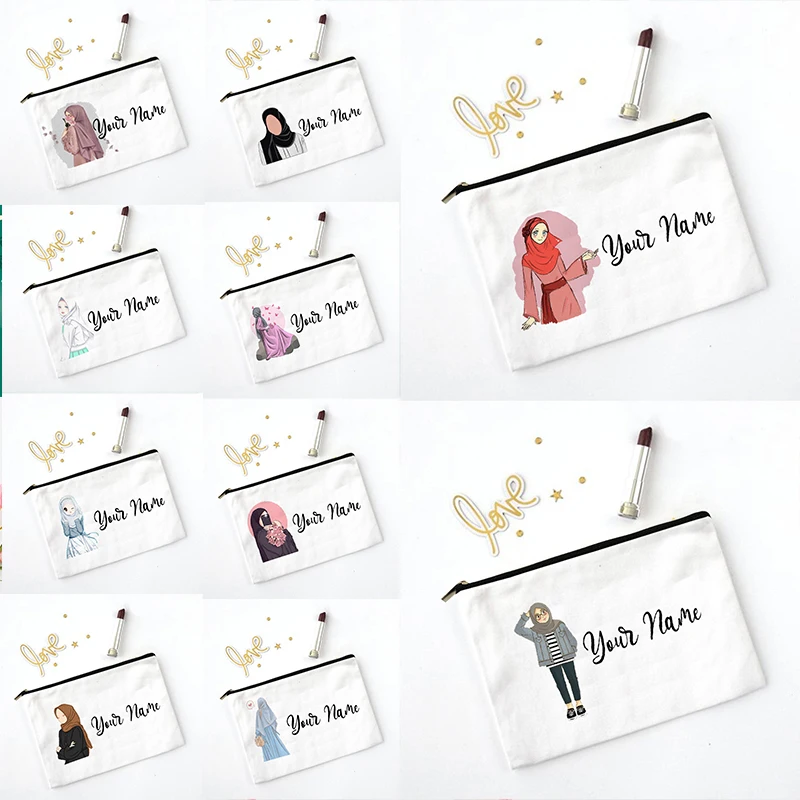 Personalised Hijabi Girl Makeup Bag Organised Pouch with Name Ramadan Gifts Customized Zipper Pouches Cosmetic Bags Eid Gifts