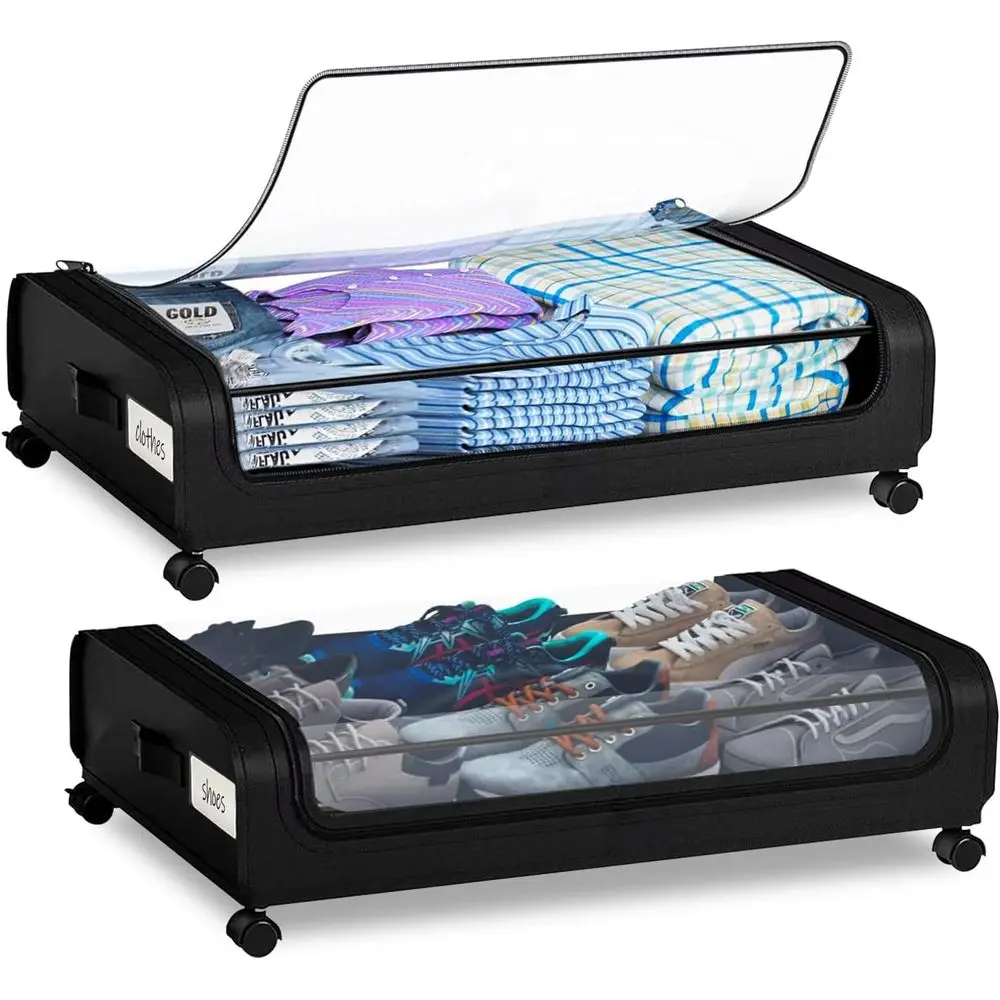 Under Bed Storage with Wheels – 2 Pack Rolling Under bed Storage Bins, Large Under Bed Ders on Wheels or Clothes, Shoes, Blanket