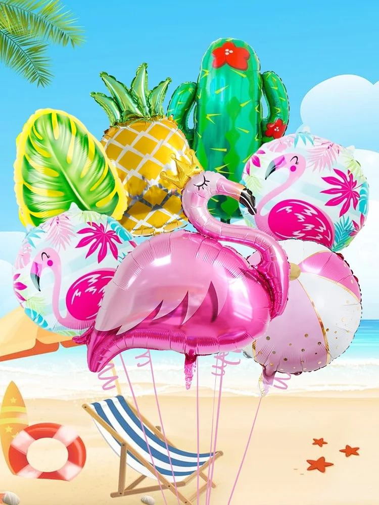 Kit de globos de aluminio tropical con flamencos, 7 Uds., para fiesta hawaiana, fiesta de cumpleaños y decoración de fiesta en la playa de verano