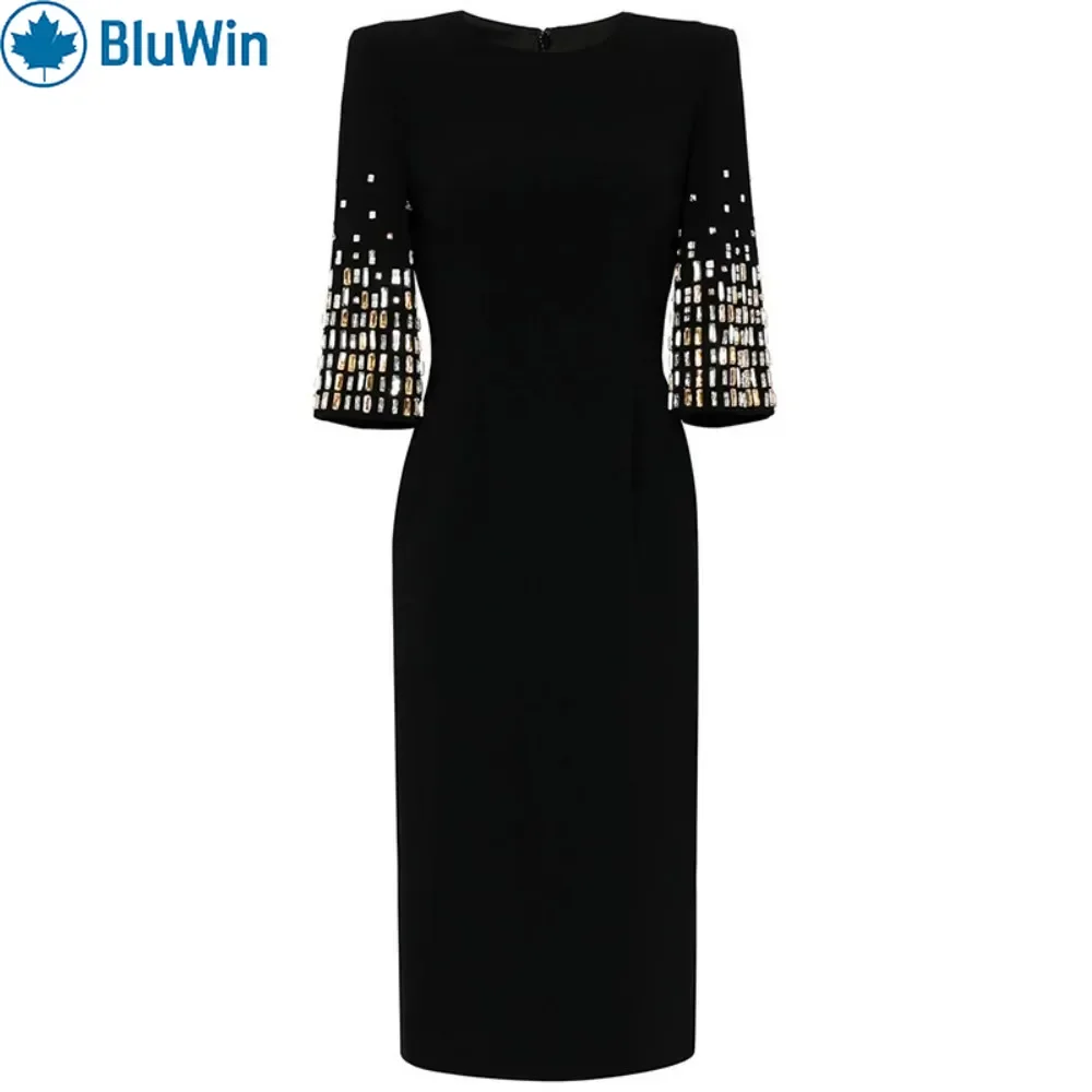 

URBANCHIC Elegant Black Midi Dress Women Half Sleeve Embellished Cuff Crew Neck Slim Fit Evening