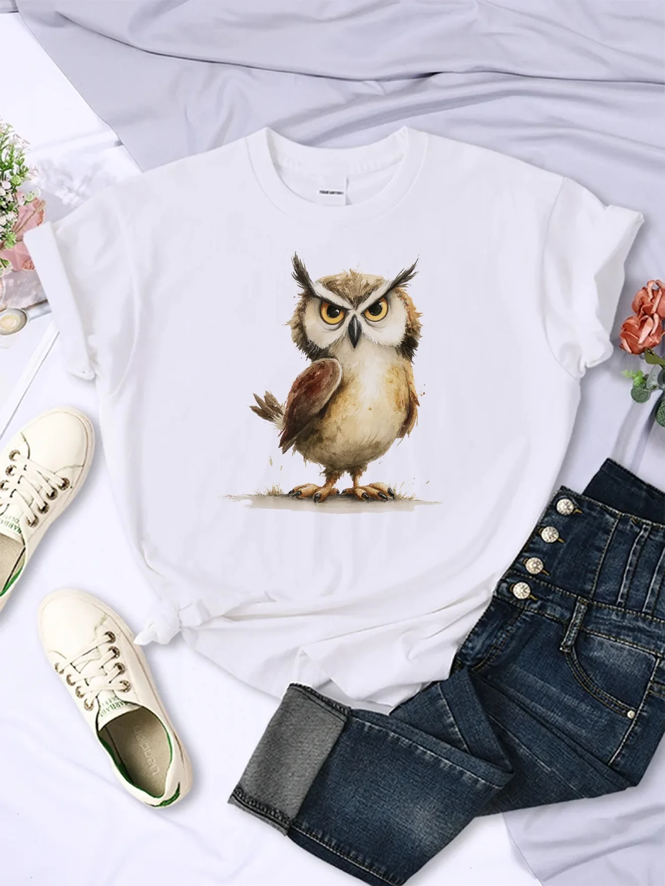 تي شيرت نسائي برقبة دائرية من Owl Clipart مريح وفضفاض ومطبوع بتصميم عيد الميلاد الأكثر مبيعًا