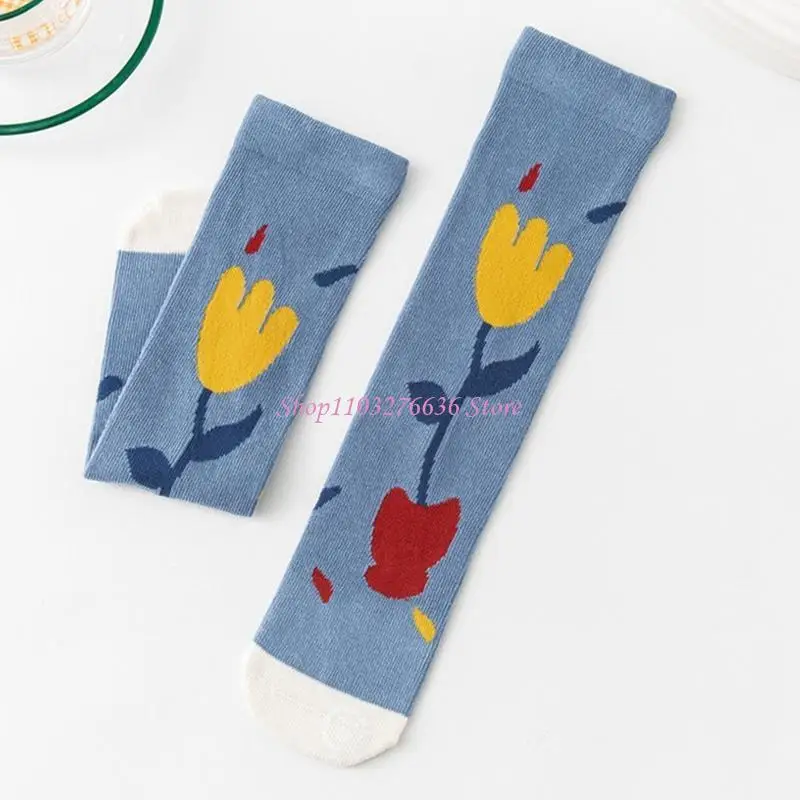R6FD Baby Children Kids Middle Tube Socks Flower Printed Spring Autumn Warm Stocking Knee High Tube for Kids Boys Girls