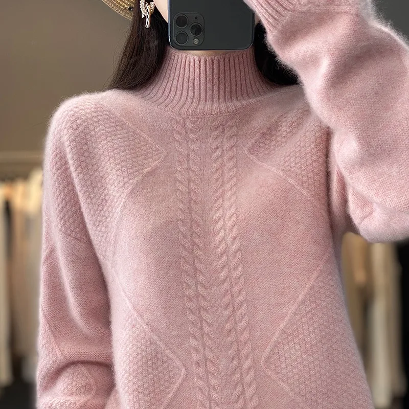 2023 Autumn Winter New Woolen Bottom Shirt Women Half Turtleneck Temperament Pullover Thick Sweater Loose Pure Wool Slim Shirt