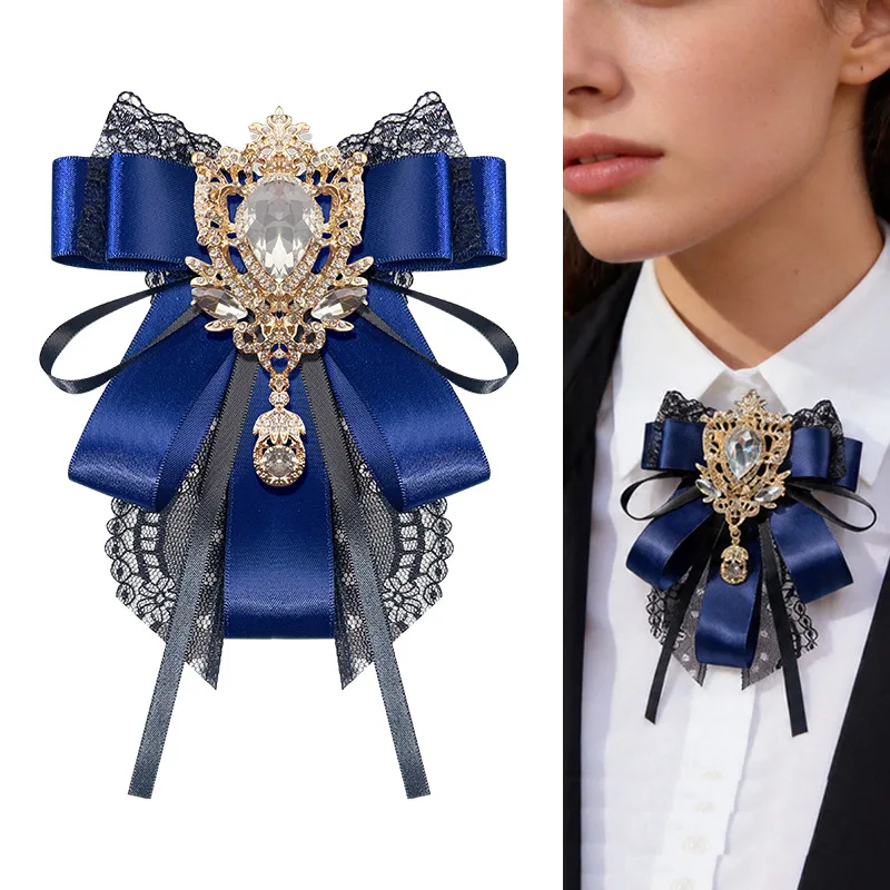 New Vintage Rhinestone Bow Tie Lace Ribbon Brooch Pins for Women and Men Elegant Accessory Wedding Party Jewelry Gifts