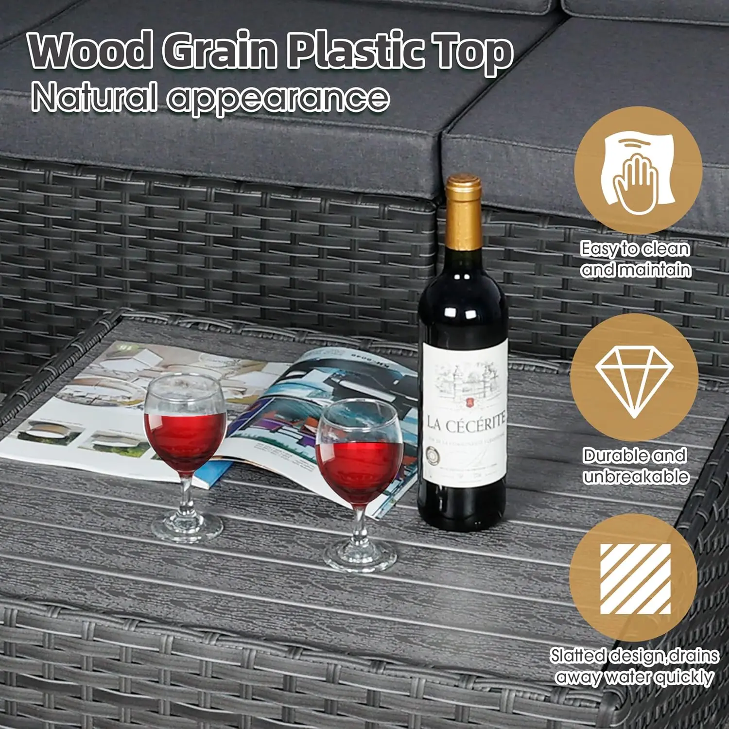 7PCS Outdoor Sectional Sofa Set w/Cushions,Patio PE Rattan Wicker Conversation Couch Sets w/Slatted Coffee Table&Striped Pillows